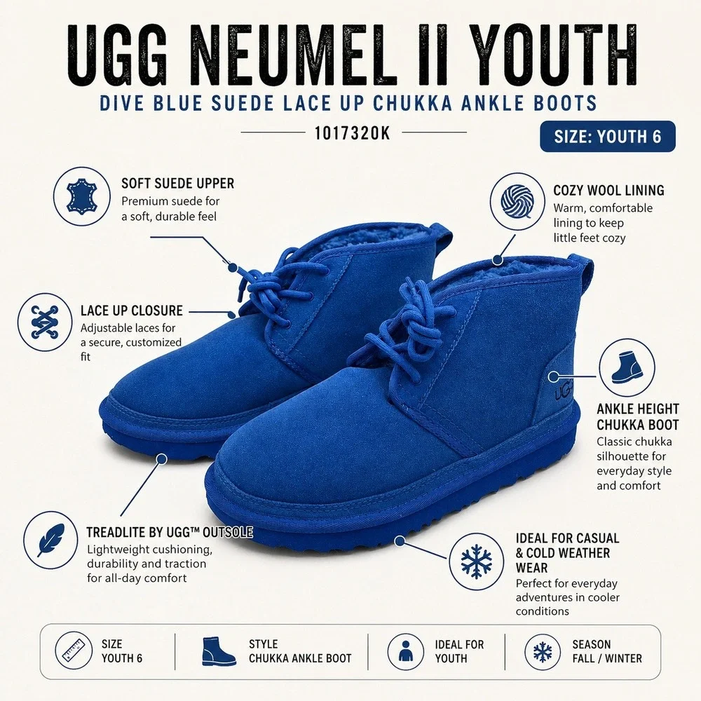 UGG Neumel II Big Kids 6 Women's 7.5 Dive Blue Suede Chukka Ankle Boots 1017320K
